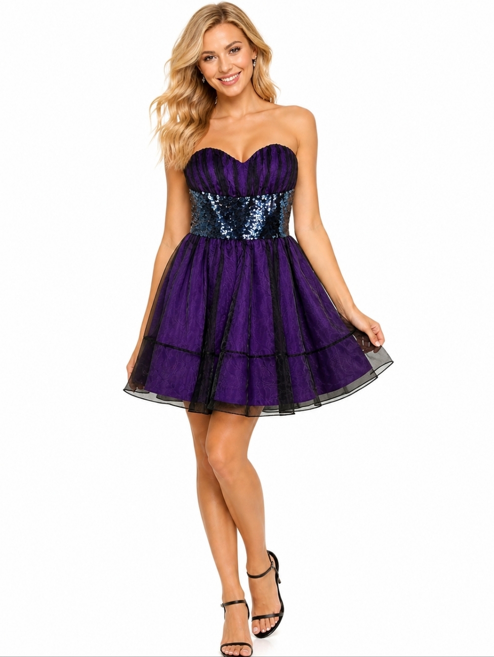 Betsey Johnson Vintage Y2K Purple & Black Sequin Chiffon Strapless Mini Dress 4